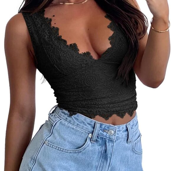 Womens Sexy V-Neck Sleeveless Double Lined Going Out Y2K Trendy Lace Cropped Tan - Picture 4 of 4